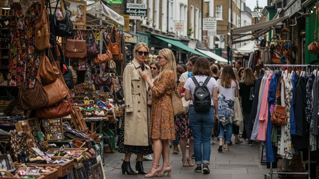 Two stylish women shopping at vintage stalls in Portobello Road Market, surrounded by bags and clothing racks in Notting Hill, London