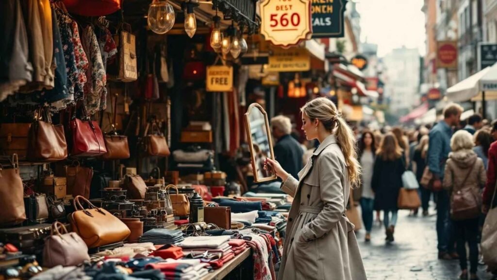 A woman in a trench coat browsing vintage fashion items at a busy market stall in Notting Hill, London