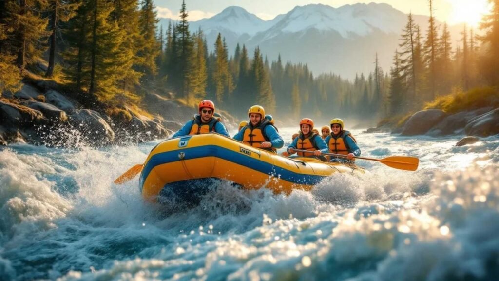 Rafting team navigating white-water rapids on the Katun River, splashing water, surrounding forest glowing in afternoon sunlight.