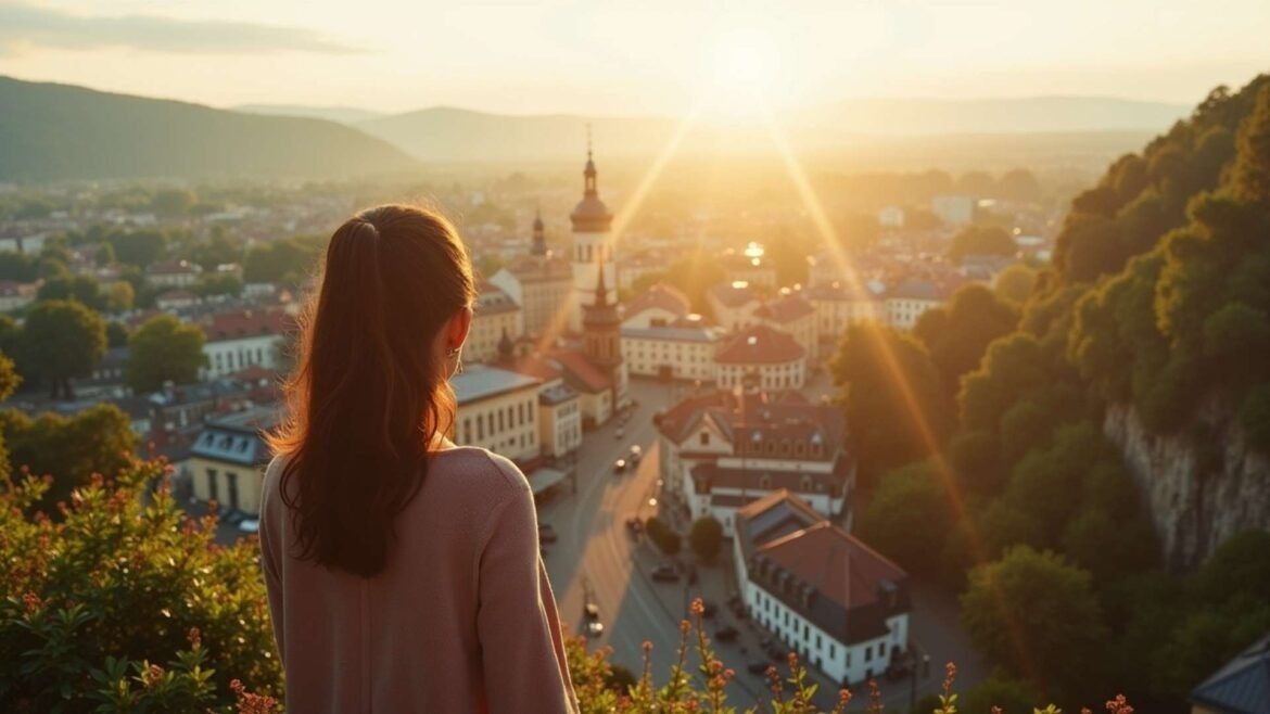 A woman overlooking the historic cityscape of Baden-Baden, Germany, during a golden sunset.