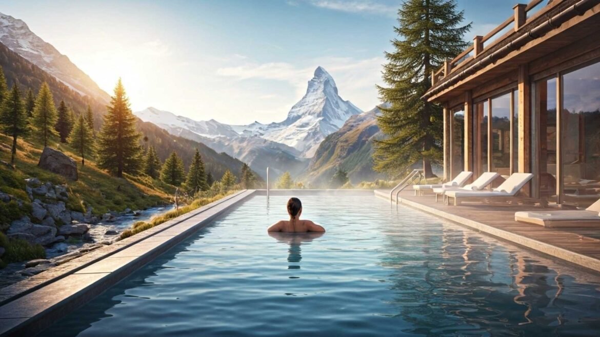 A serene scene of a woman enjoying a mountain-view infinity pool at a luxury spa resort in the Swiss Alps, facing the snow-covered Matterhorn under warm morning light.