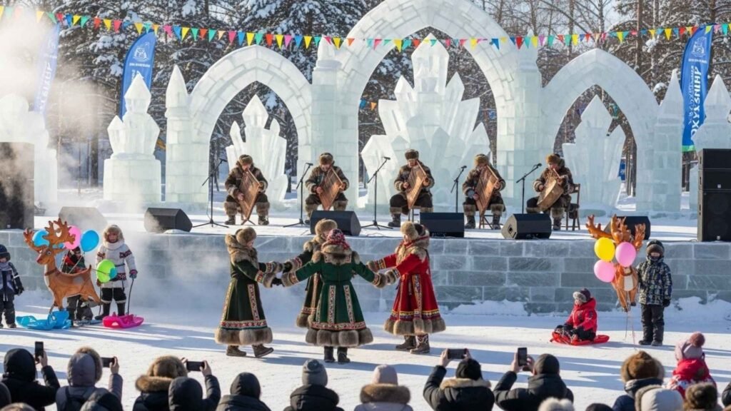 Night scene of Yakutsk Winter Festival, people in fur-lined coats admiring illuminated ice sculptures under freezing air.