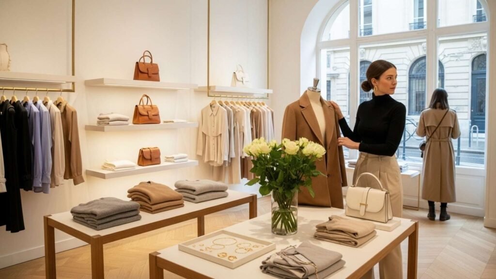 A stylish woman examines a camel coat on a mannequin inside a refined Parisian boutique, with soft lighting, luxury accessories, and minimalist fashion displays. Another woman is seen browsing near the window with Haussmann-style buildings visible outside.
