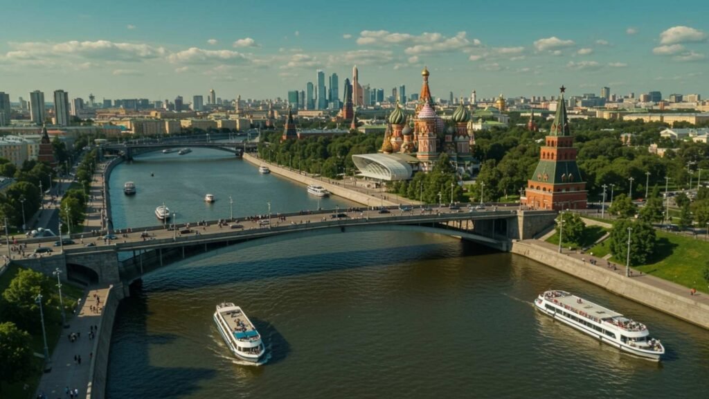 Aerial view of Zaryadye Park with the floating bridge, Moscow River, and Kremlin in the background.