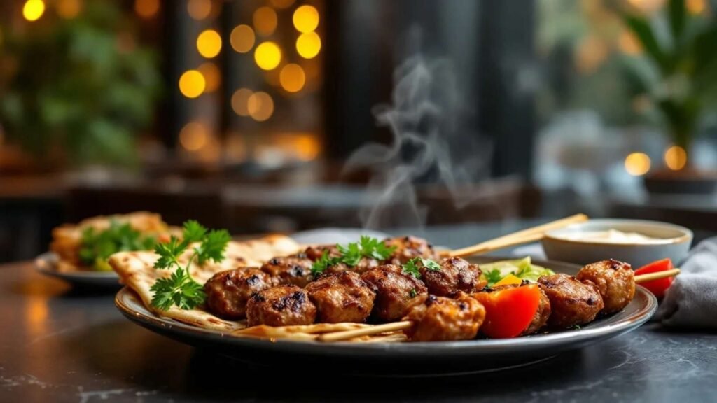 Skewers of Egyptian lamb kofta and kebabs grilling over charcoal in Cairo.