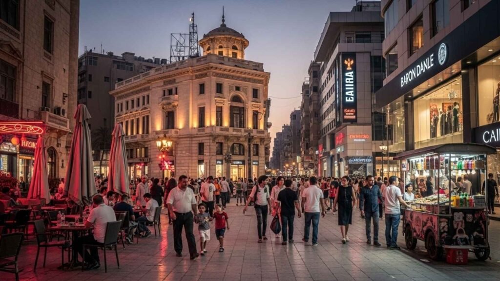 Heliopolis district in Cairo with Baron Empain Palace, busy modern streets, cafés, and nightlife.