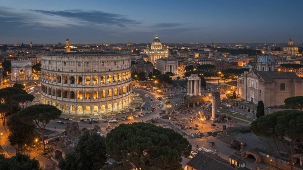 Drone view of Rome, Italy, at golden hour with the Colosseum, St. Peter’s Basilica, and the Tiber River under warm sunlight.