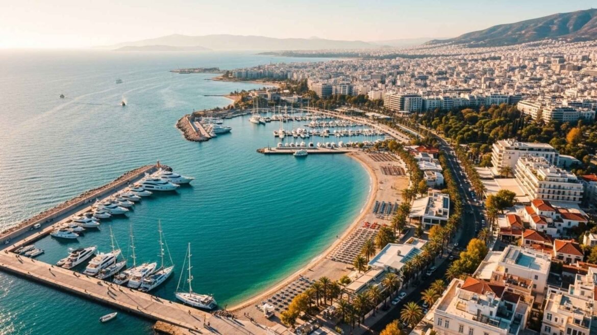 Aerial drone view of Athens coastline with turquoise Aegean Sea, marina with yachts, sandy beaches, and city buildings under autumn sunlight.