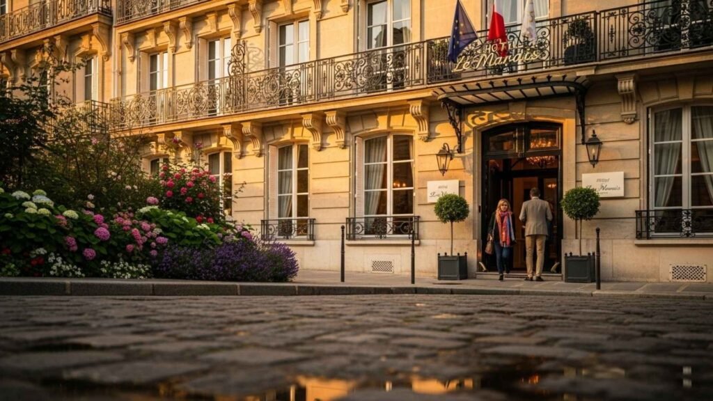 Elegant boutique hotel with Haussmannian architecture in Le Marais, Paris, during golden hour.
