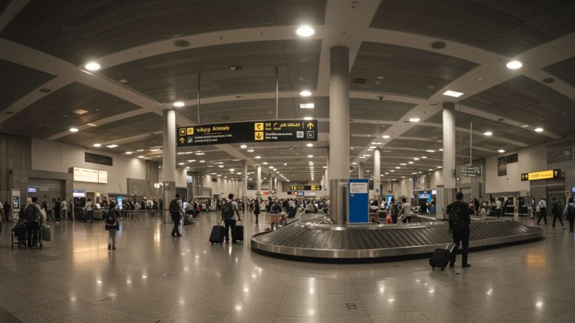 A wide-angle view of Cairo International Airport’s baggage claim hall with travelers collecting luggage under bright ceiling lights and directional signs.