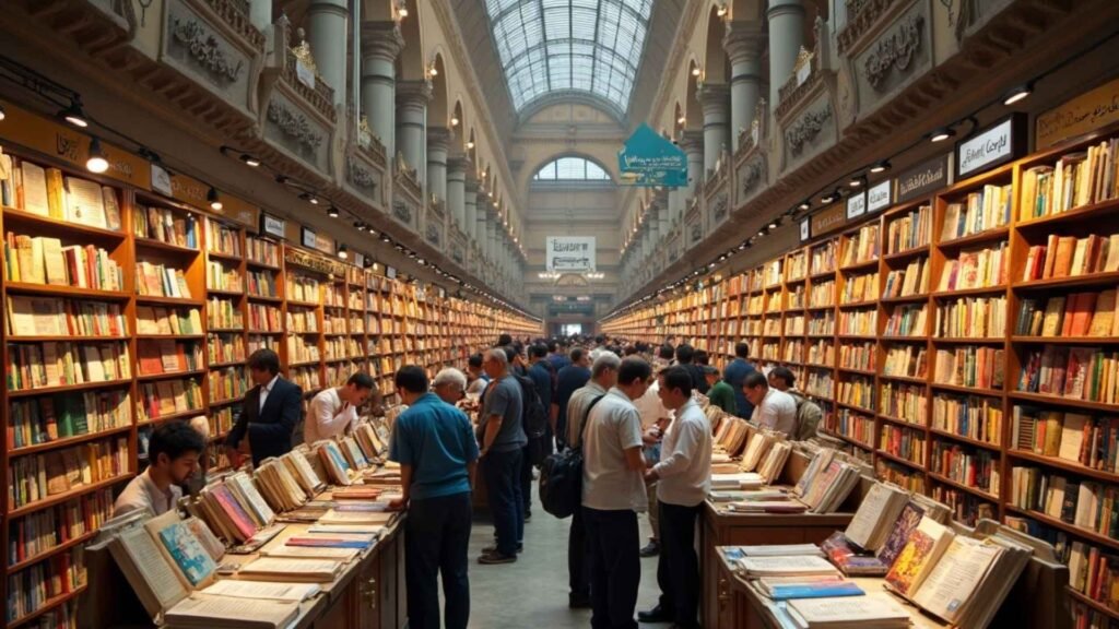 Visitors browsing books and authors signing copies at Cairo International Book Fair
