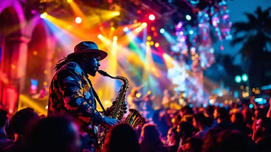 Musician playing saxophone under colorful lights during Cairo Jazz Festival performance