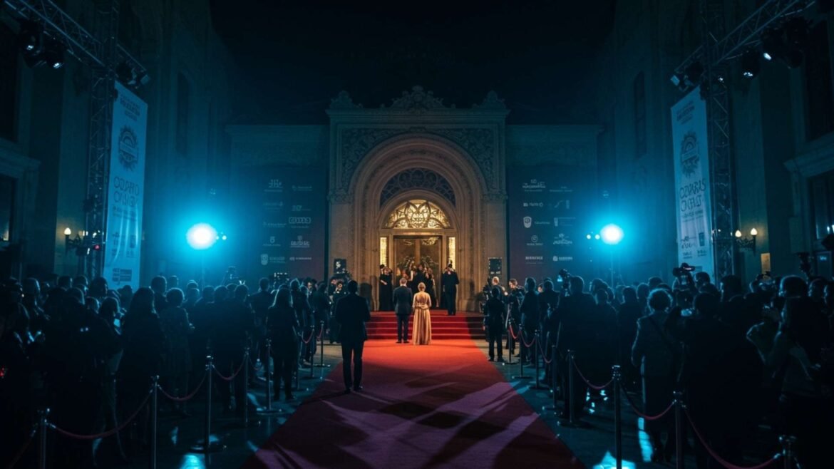 Red carpet event with spotlights and guests at Cairo Opera House during the film festival