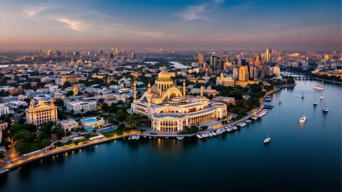 Aerial view of Cairo skyline at sunset with the Nile River, illuminated mosque, yachts along the waterfront, and modern skyscrapers in the background.
