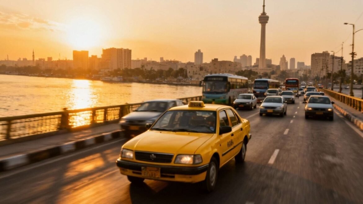 Yellow taxi driving on a Cairo bridge during sunset with city skyline in the background