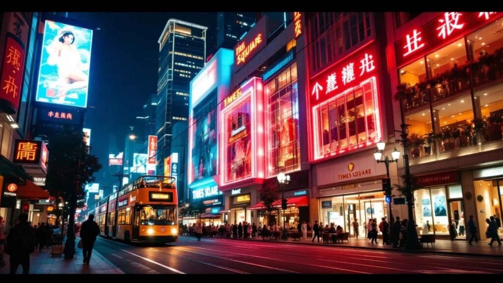 Neon-lit streets of Causeway Bay in Hong Kong with Times Square Mall and busy crowds at night.