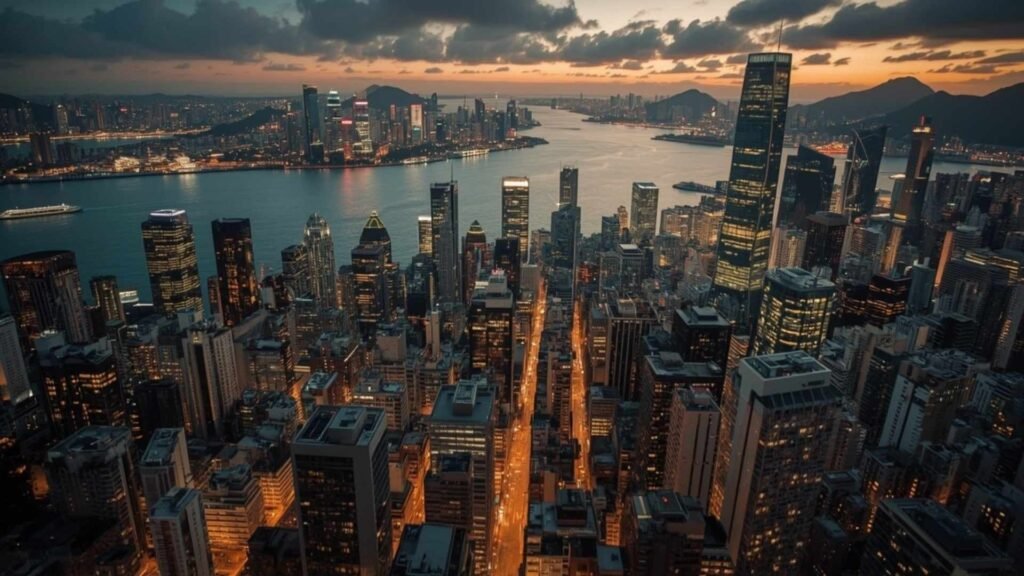 Aerial sunset view of Hong Kong’s Central District with iconic skyscrapers and Victoria Harbour.