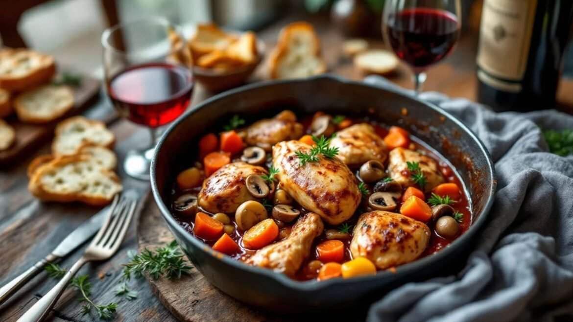 Overhead shot of traditional French dish Coq au Vin in a cast-iron pot with chicken, mushrooms, carrots, and onions in red wine sauce, served with baguette slices and Burgundy wine on a rustic wooden table.