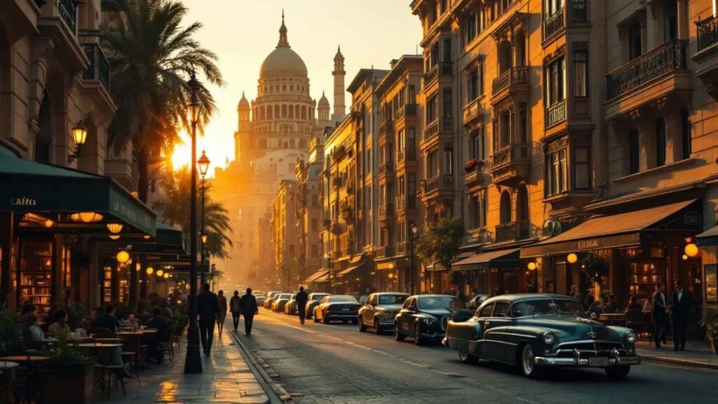 European-style boulevards in Downtown Cairo with historic buildings, cafés, and people enjoying the city at sunset.