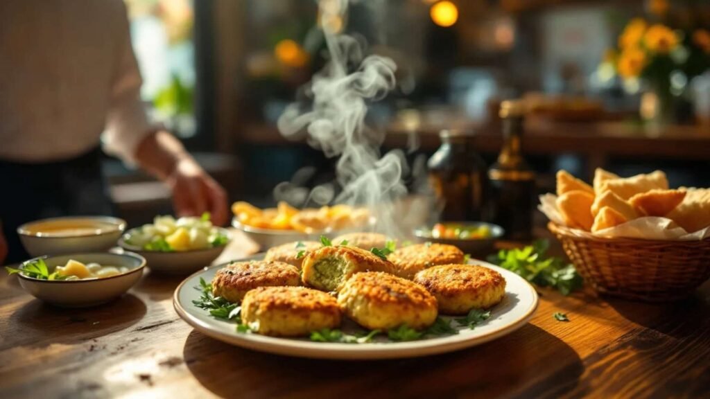 Freshly fried Egyptian falafel made with fava beans served at a Cairo street stall.