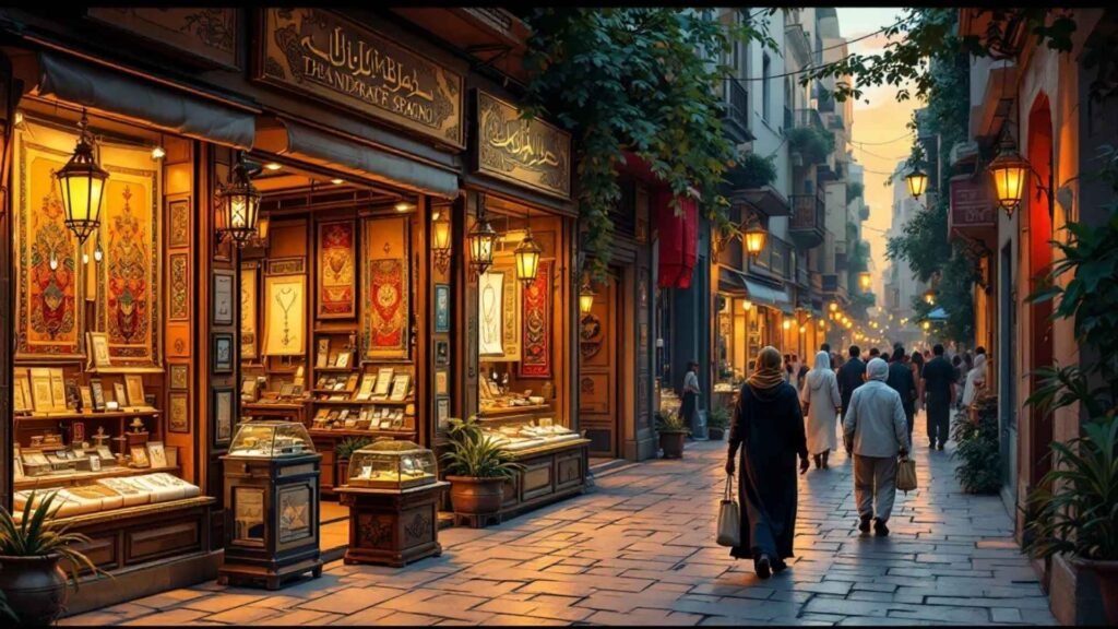 Traditional Egyptian handicrafts including carpets, papyrus art, jewelry, and lanterns.