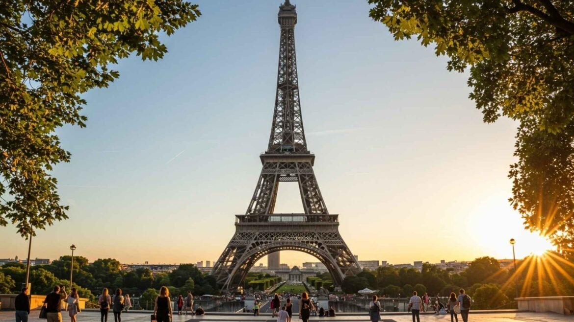 Eiffel Tower in Paris during golden hour with tourists walking through Champ de Mars gardens.