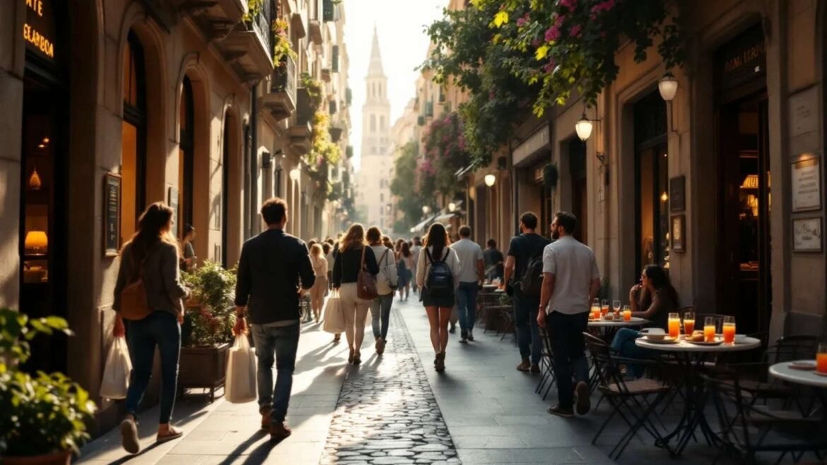 Narrow cobblestone street in El Born, Barcelona with designer boutiques and local shoppers.