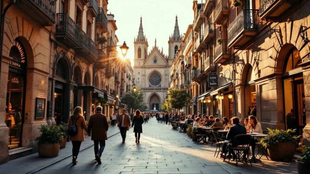 View of El Born boutiques with Santa Maria del Mar Basilica in the background.