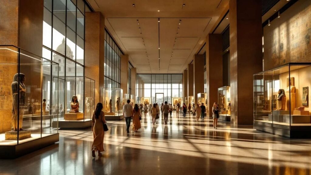 Visitors exploring exhibition halls of the Grand Egyptian Museum in Cairo with ancient statues, artifacts, and sunlit modern architecture.