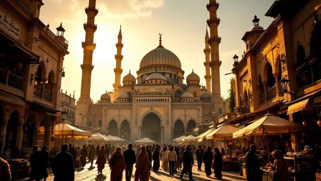 Crowds walking through a bustling bazaar in Islamic Cairo with a grand mosque and minarets glowing at sunset.