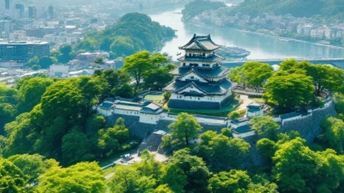 Aerial drone view of Iwakuni Castle on Mount Shiroyama with Kintaikyō Bridge and Nishiki River below in Yamaguchi, Japan.