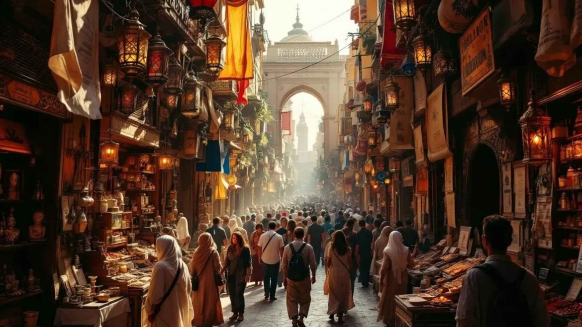 Traditional market in Cairo with lanterns, spices, and jewelry at Khan el-Khalili.