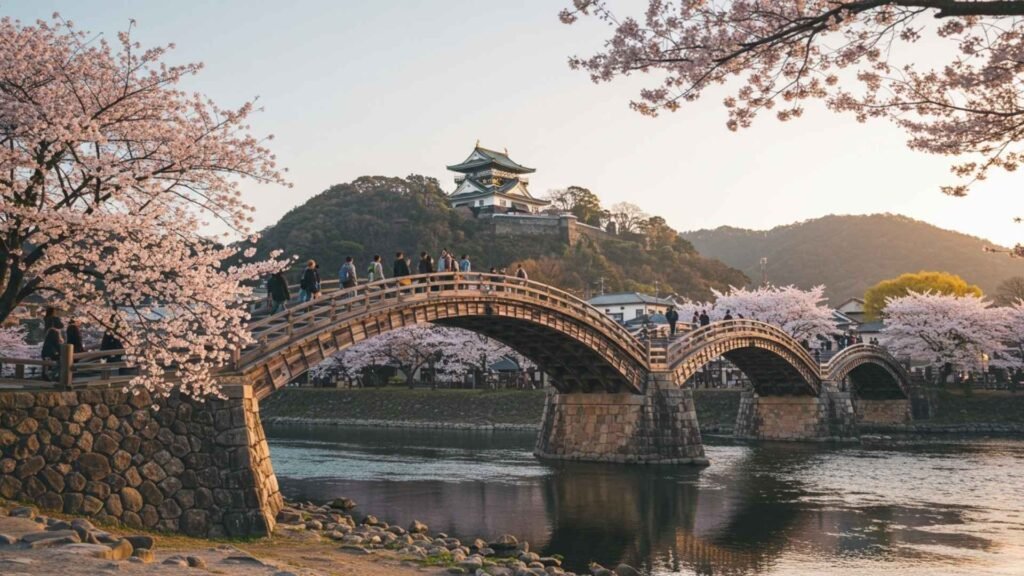 Tourists crossing Kintaikyō Bridge with Iwakuni Castle visible on Mount Shiroyama in the background during cherry blossom season.