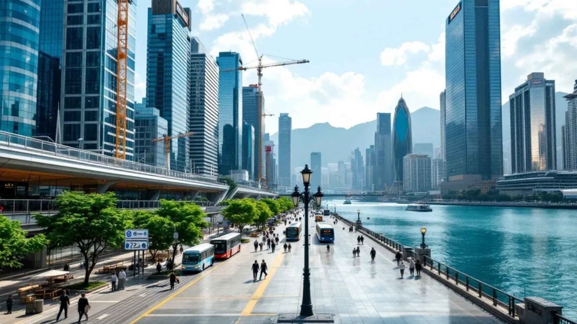 Daytime cityscape of office towers and Kowloon East.