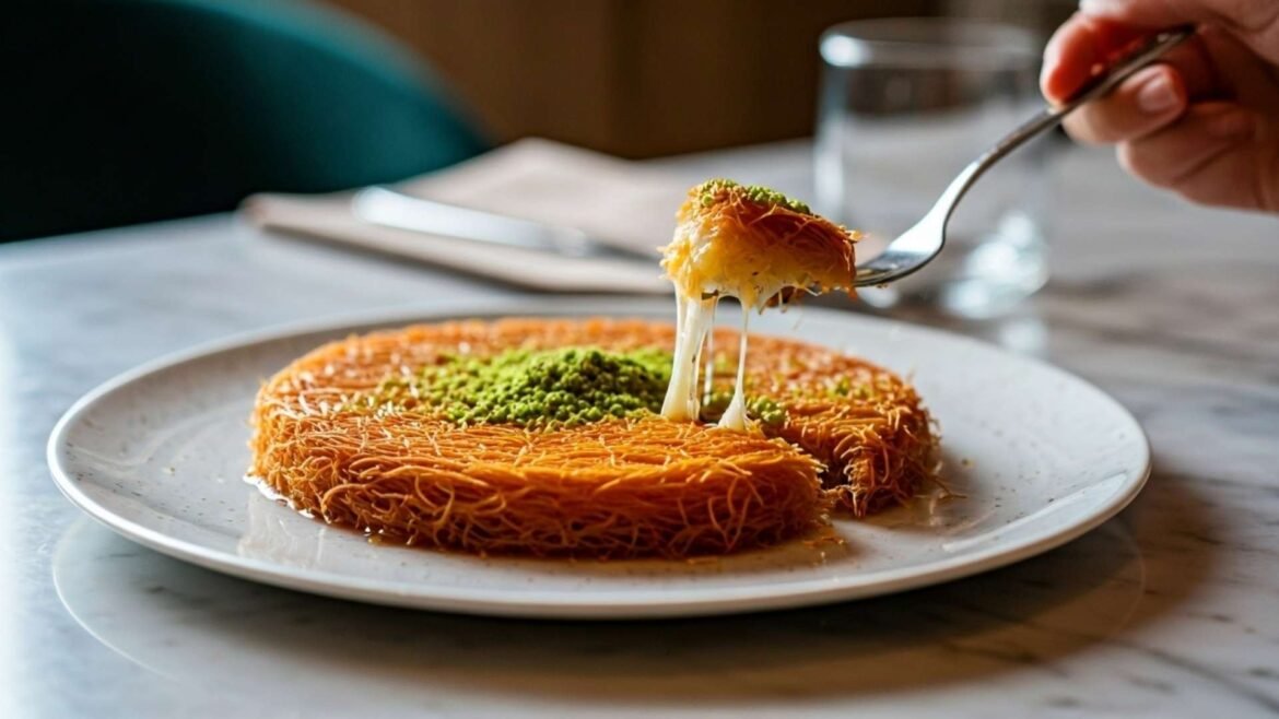 ound Hatay-style künefe served on a white ceramic plate with pistachios and sugar syrup on a modern marble table