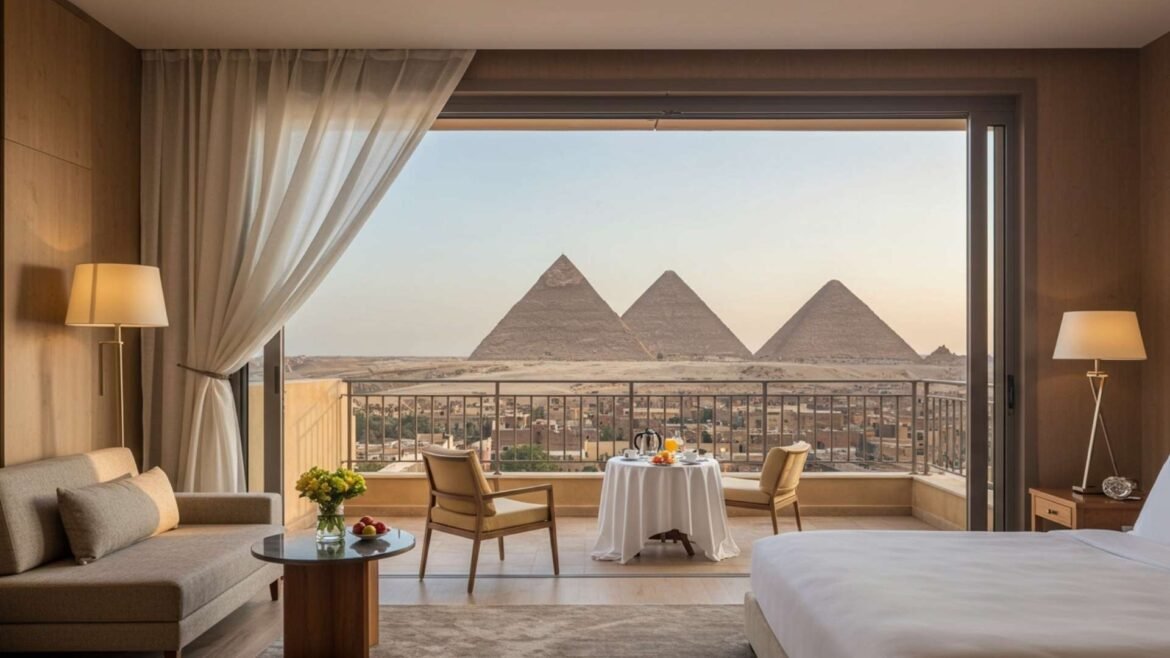Modern hotel room with balcony overlooking the Pyramids of Giza