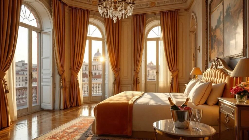 Elegant Rome hotel suite with marble floors, chandeliers, and a sunset balcony view of St. Peter’s Basilica