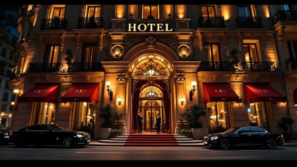 Ornate luxury hotel facade on Champs-Élysées, Paris, illuminated at night with red carpet entrance.
