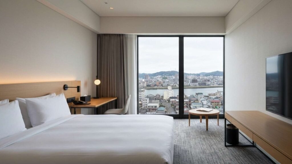 Interior of a contemporary hotel room in Iwakuni with queen-size bed, minimalist décor, and large windows overlooking the city and Nishiki River.
