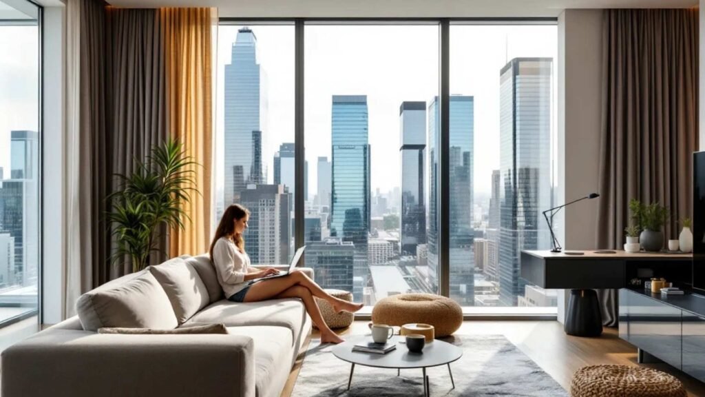 Stylish serviced apartment interior with panoramic views of La Défense skyscrapers in Paris.