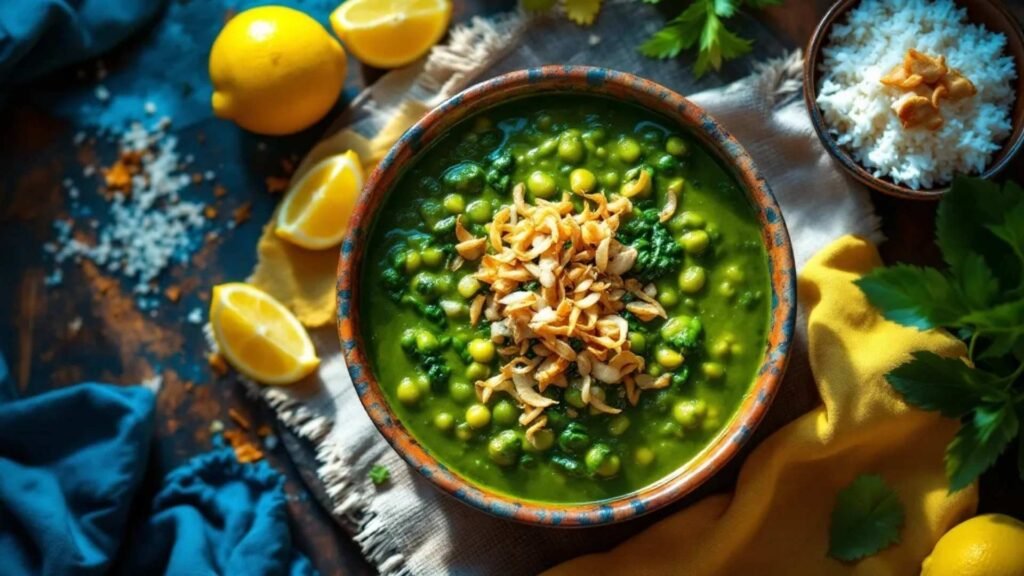 Bowl of molokhia green stew with white rice, fried onions, and lemon wedges on rustic wood surface
