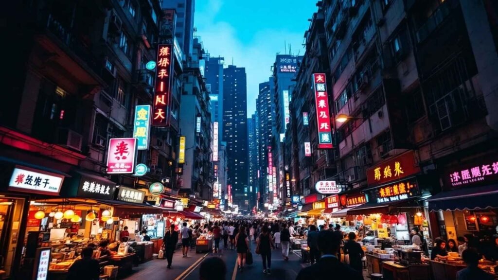 Evening street view of Mong Kok with neon markets, crowds, and high-rise apartments.