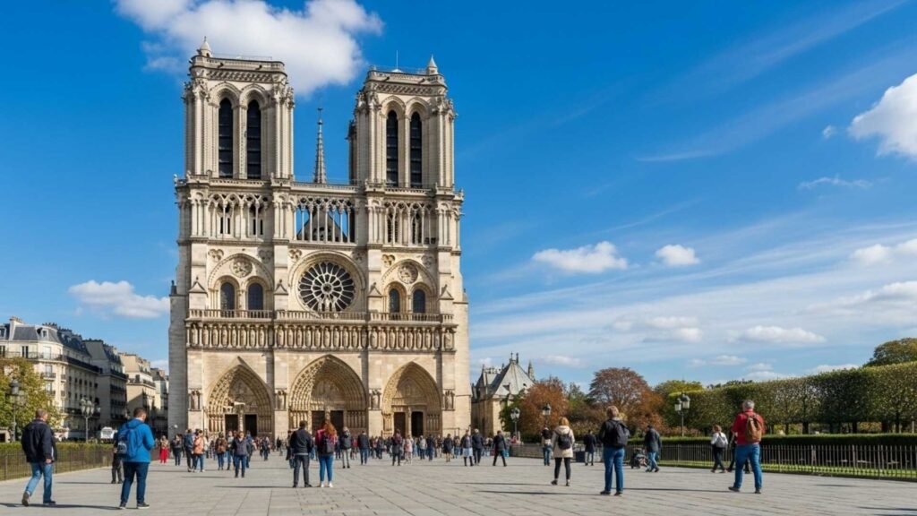 Front view of Notre-Dame Cathedral in Paris with visitors in the square under a bright blue sky.