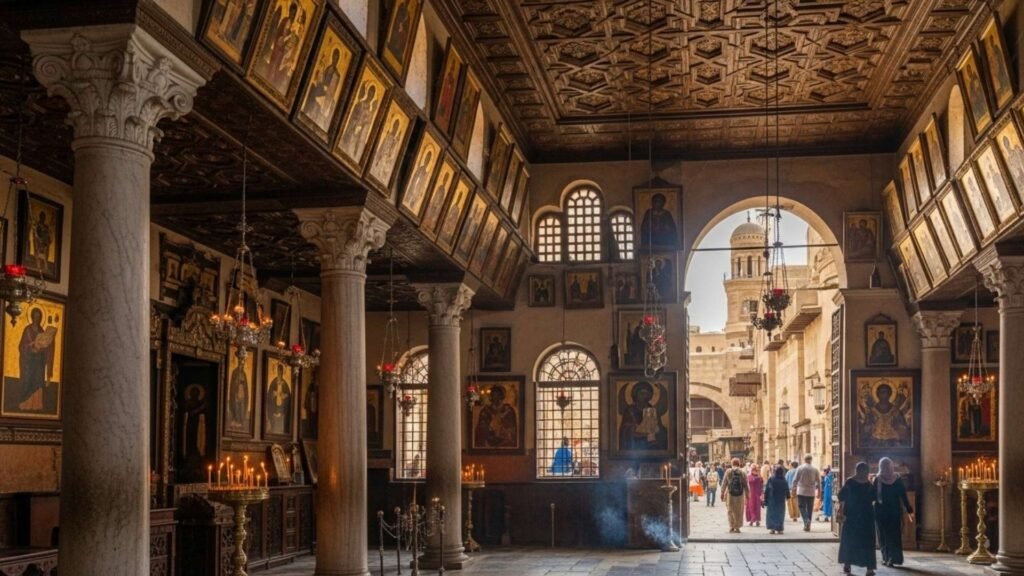 Interior of the Hanging Church in Old Cairo with icons, marble columns, and worshippers in a sacred atmosphere.
