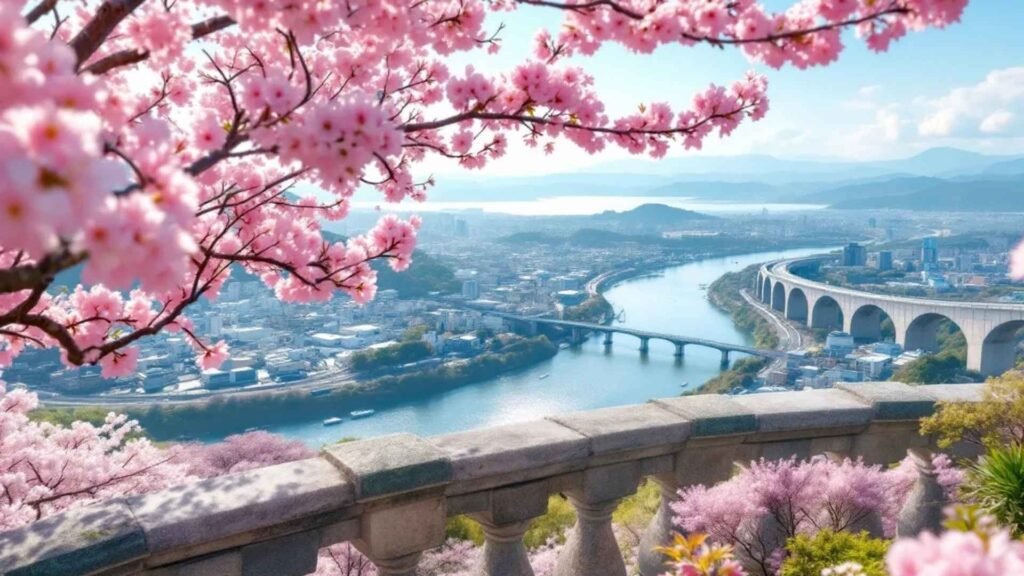 Scenic view from Iwakuni Castle’s observation deck overlooking Iwakuni city, Nishiki River, Kintaikyō Bridge, and the Seto Inland Sea with cherry blossoms in bloom.