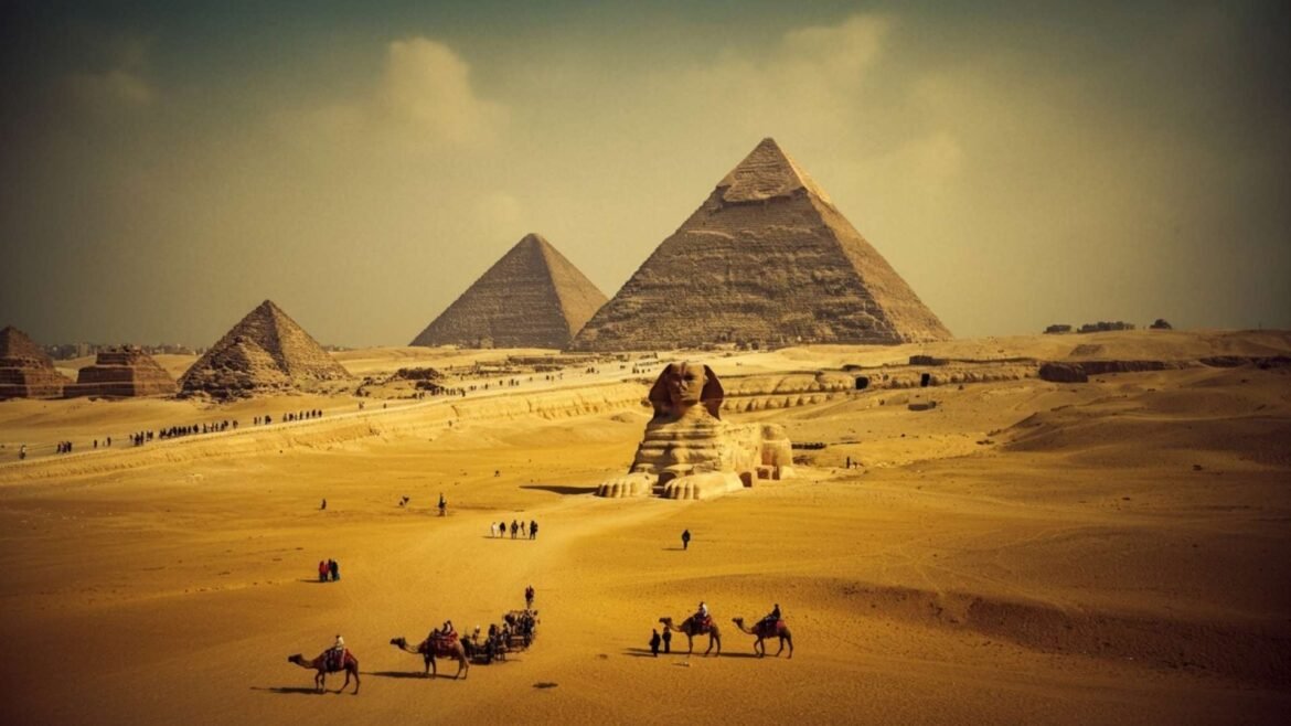 Wide view of the Pyramids of Giza and the Great Sphinx in the desert