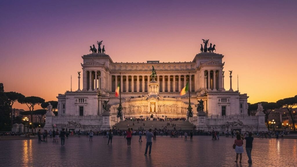 Wide-angle view of Piazza Venezia in Rome with the Vittoriano monument glowing in golden sunset light, tourists and vespas in the square.