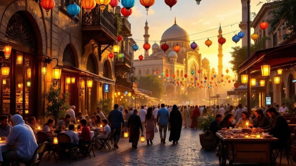 Cairo street decorated with Ramadan lanterns and families enjoying iftar under warm lights