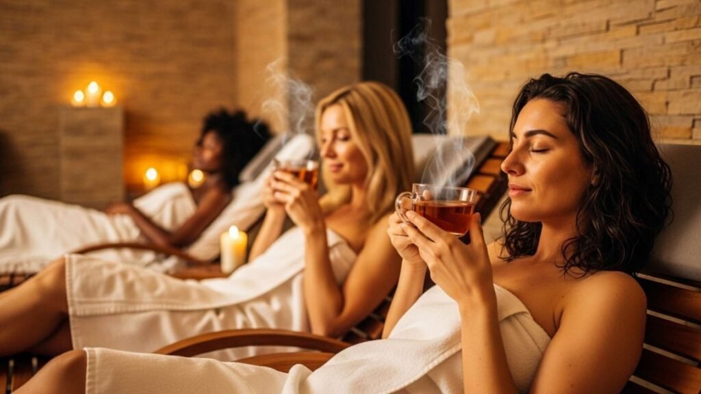 Women wrapped in white towels enjoying herbal tea in Therme Wien’s candlelit relaxation lounge