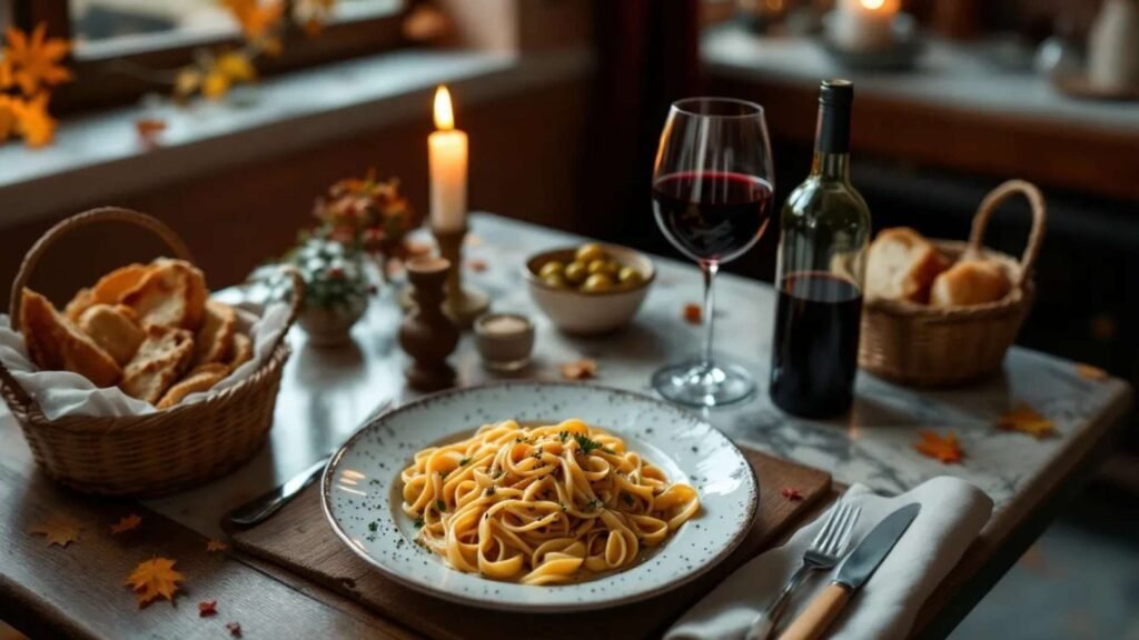 Plate of pasta with herbs, glass and bottle of red wine, bread baskets, and candlelight on a cozy dinner table.
